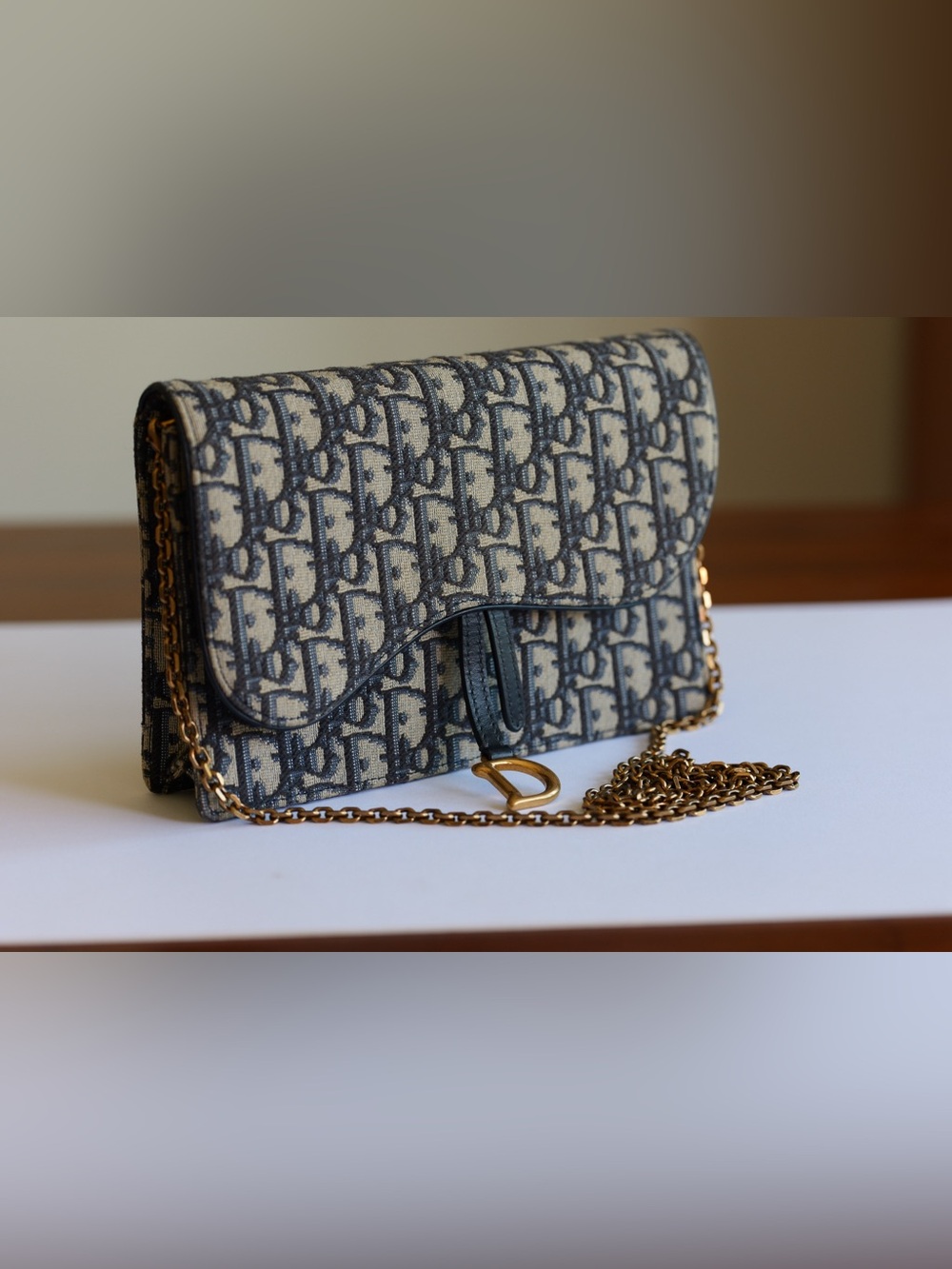 Christian Dior Small Saddle Pouch Chain Blue Dior Oblique Jacquard
